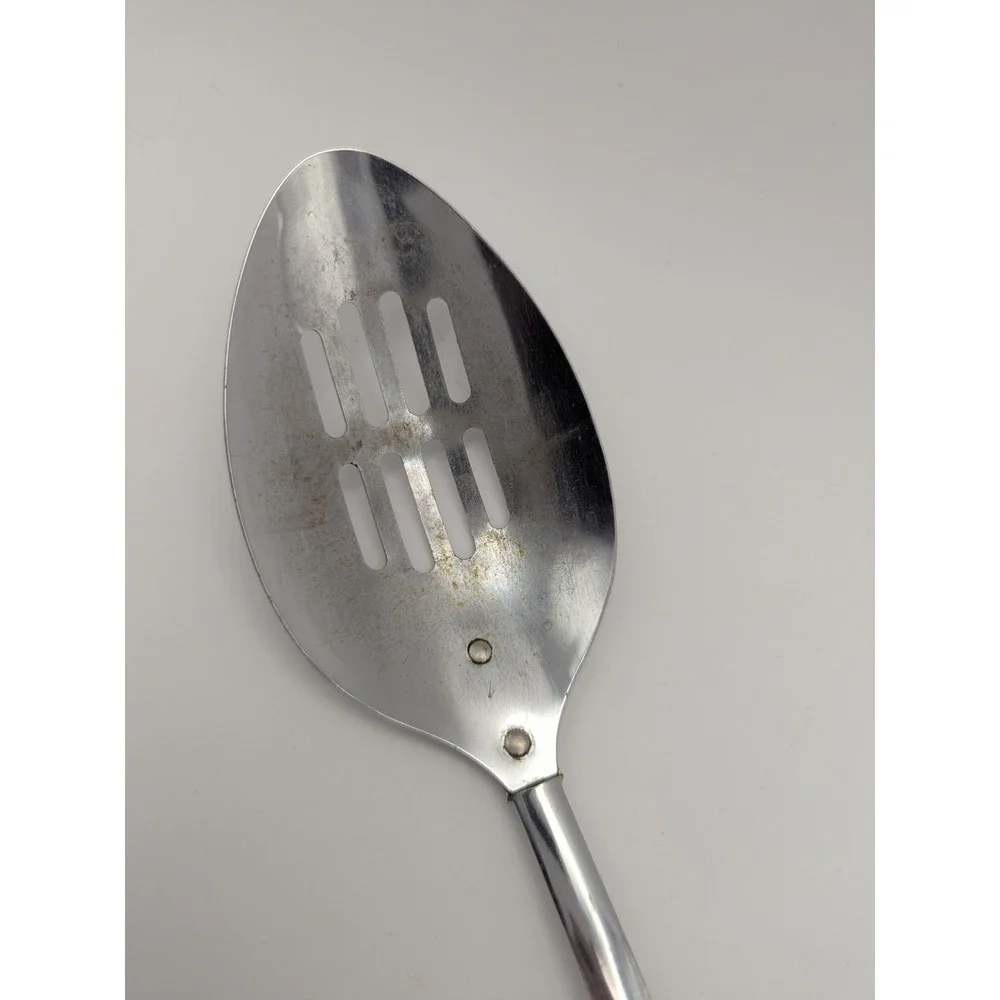 Vintage Slotted Serving Spoon Stainless Steel Faux Wood Handle Japan‎ MCM Retro
